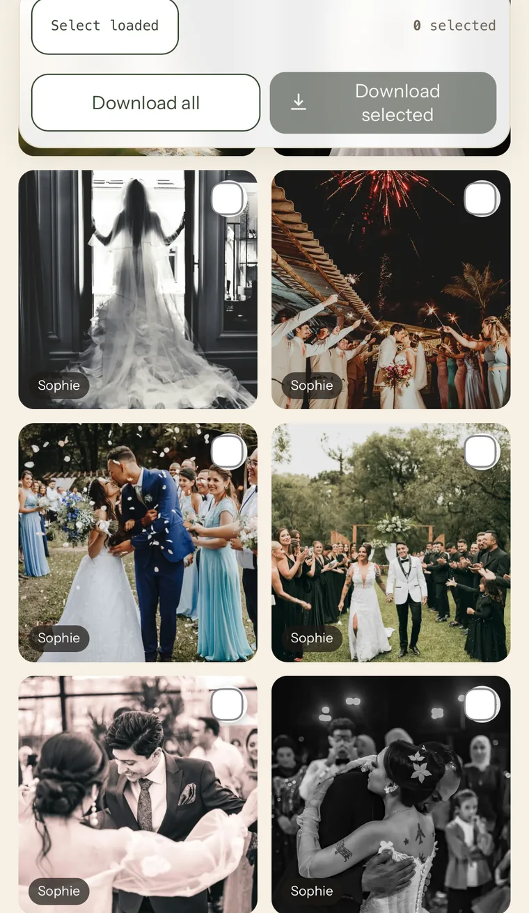 The EventDrop download screen showing a grid of full-resolution wedding photos with Download all and Download selected buttons