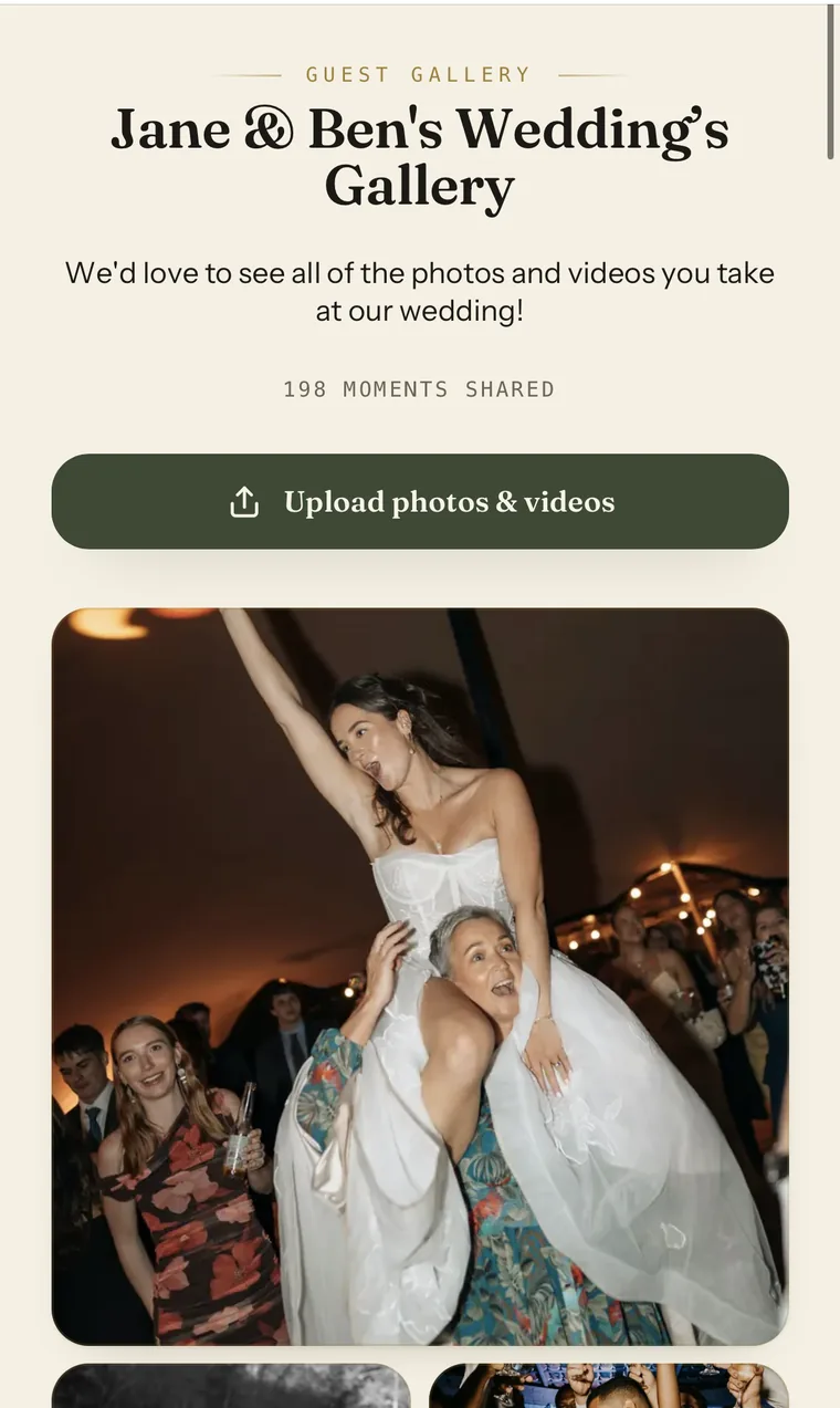 The EventDrop shared gallery for a wedding showing 198 moments shared and guest photos from the reception