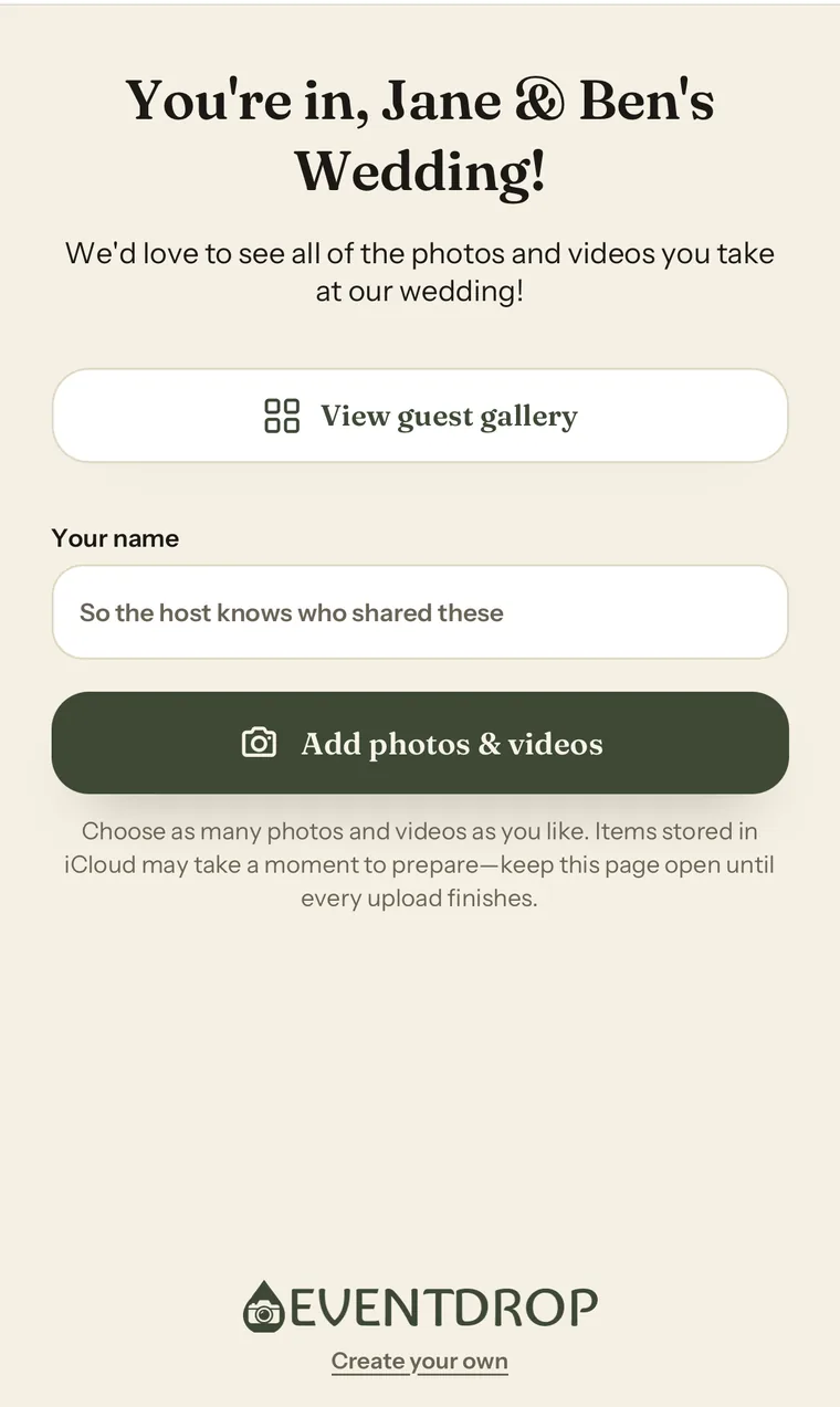 A guest's phone showing the EventDrop upload screen for a wedding, with a name field and an Add photos and videos button
